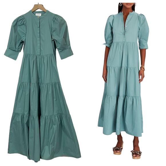 BIRD & KNOLL Mattea Cotton Tiered Maxi Dress - Seafoam - XXS - Picture 1 of 15